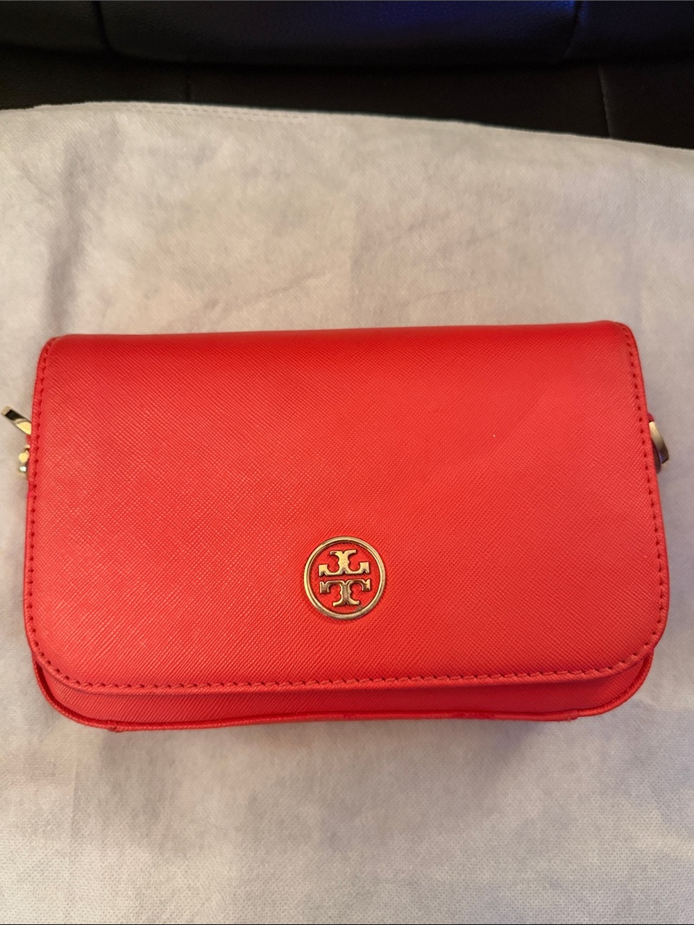 Tory Burch Coral-Red Crossbody with Gold Logo Medallion